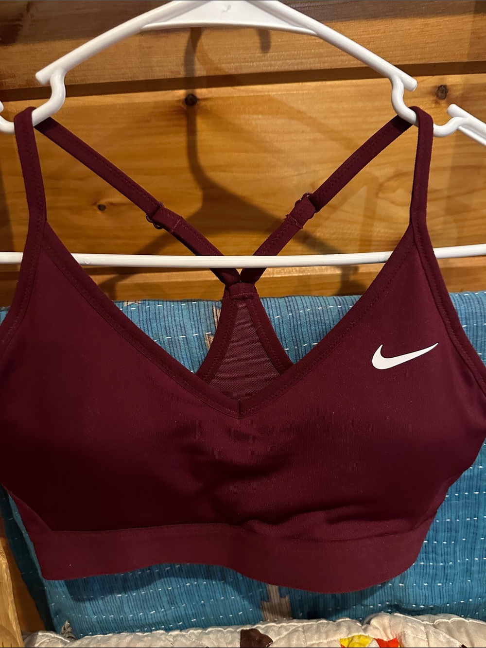 Nike Women's Burgundy Strappy Sports Bra with White Swoosh